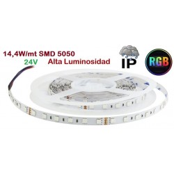 Tira LED 5 mts Flexible 24V 72W 300 Led SMD 5050 IP54 RGB Alta Luminosidad